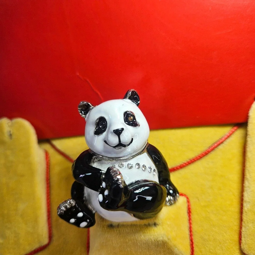 Panda Bear Hinged Trinket Box Enamel Rhinestone‎ Crystal Bejeweled Black White